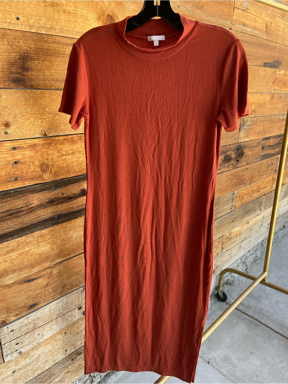 Boutique Rust Ribbed Mock Neck Midi Dress Women’s S Short Sleeve Bodycon Stretch